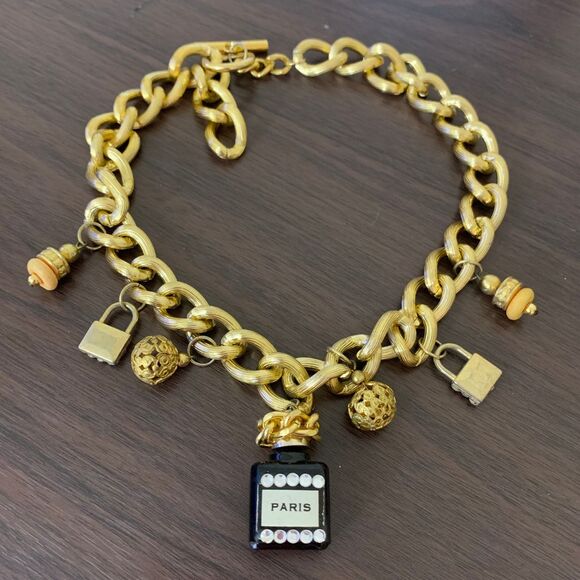 Vintage Gold-Tone Chunky Chain Necklace with Perfume Bottle, Locks & Beads Charm - Picture 1 of 6